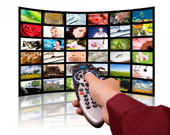 LCD TV panels. Television production technology concept. Remote control.
